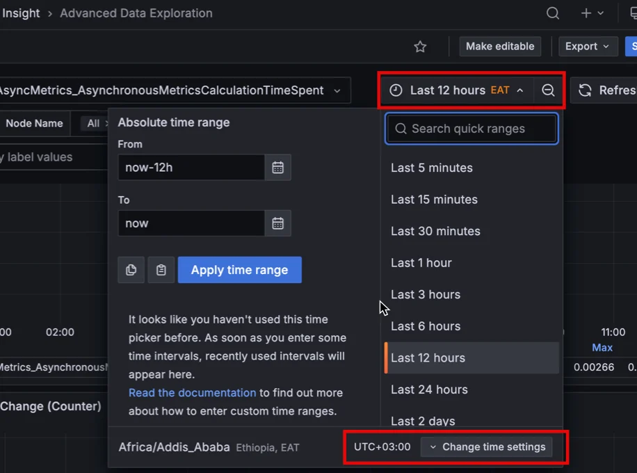 Time range picker showing timezone selector