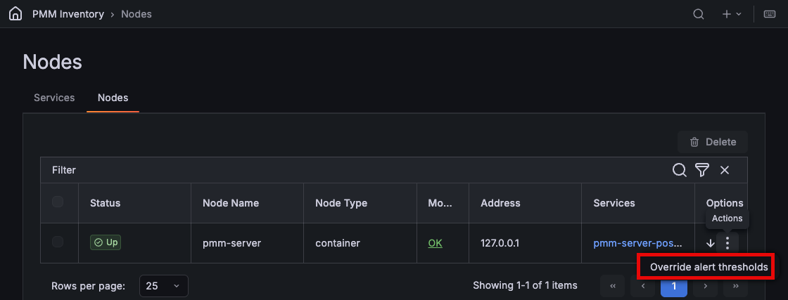 Override alert thresholds action on the Nodes tab