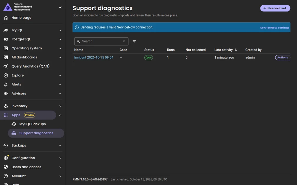 Management Support Diagnostics screen