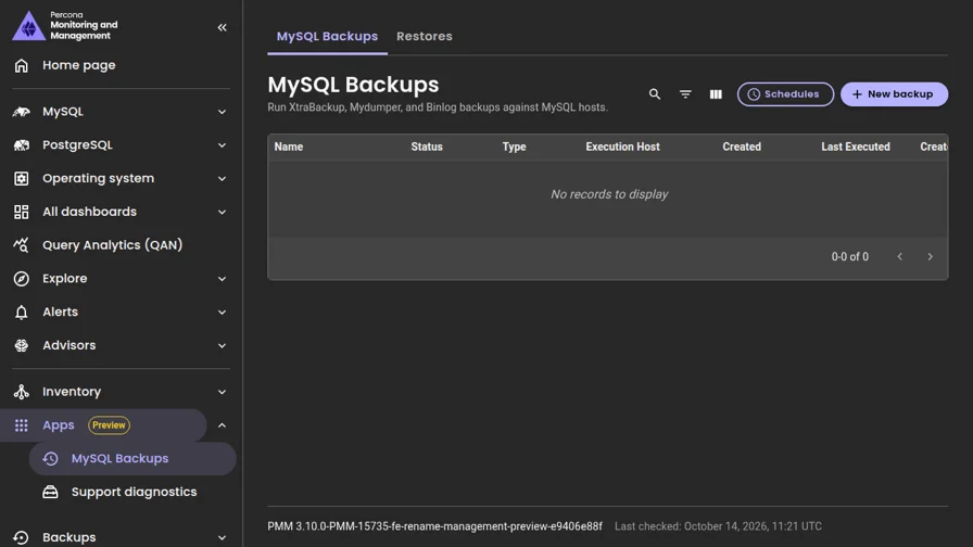 Management MySQL Backup screen