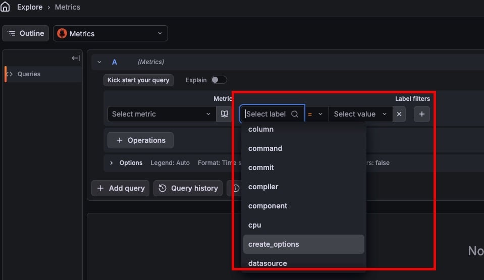 PromQL builder showing Label filters